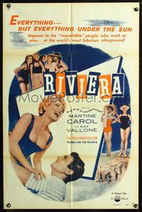 3f781 RIVIERA one-sheet poster '54 sexy laughing Martine Carol in swimsuit lifted by Raf Vallone!