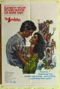 3f795 SANDPIPER one-sheet movie poster '65 great artwork of Elizabeth Taylor & Richard Burton!