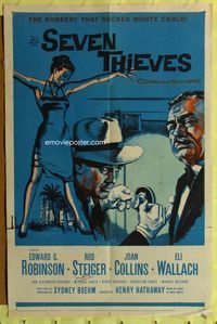 3f809 SEVEN THIEVES signed 1sh '59 cool art of Ed G. Robinson, Joan Collins, signed by Michael Dante