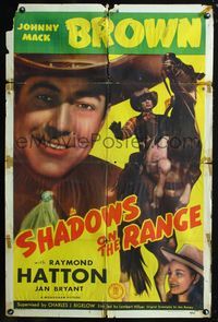3f811 SHADOWS ON THE RANGE 1sheet '46 great image of cowboy Johnny Mack Brown w/horse, Jan Bryant!