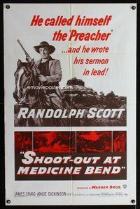 3f822 SHOOT-OUT AT MEDICINE BEND one-sheet '57 Preacher Raldolph Scott wrote his sermon in lead!