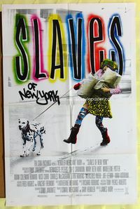 3f834 SLAVES OF NEW YORK int'l 1sh '89 wacky image of Bernadette Peters being walked by dog!