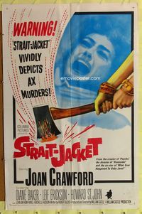 3f854 STRAIT-JACKET one-sheet poster '64 art of crazy ax murderer Joan Crawford, William Castle