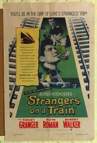 3f856 STRANGERS ON A TRAIN 1sh '51 Hitchcock, Farley Granger & Robert Walker in double murder pact!