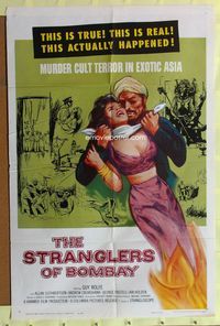 3f857 STRANGLERS OF BOMBAY one-sheet '60 wild artwork of berserk murder cultist strangling woman!