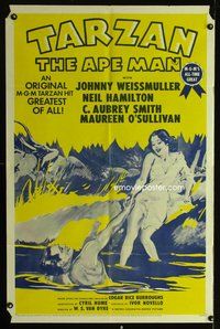 3f874 TARZAN THE APE MAN one-sheet movie poster R54 art of Johnny Weismuller & Maureen O'Sullivan!