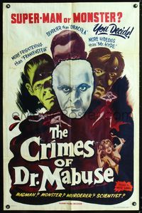 3f876 TESTAMENT OF DR. MABUSE one-sheet R53 Fritz Lang, art of Frankenstein, Dracula, Mr. Hyde!