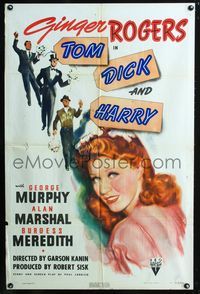 3f912 TOM, DICK & HARRY one-sheet '41 cool art of pretty Ginger Rogers, George Murphy, Alan Marshal!