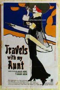 3f918 TRAVELS WITH MY AUNT one-sheet '72 from Graham Greene's novel, cool Art Nouveau-style art!