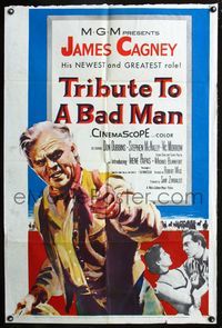 3f920 TRIBUTE TO A BAD MAN one-sheet movie poster '56 great art of cowboy James Cagney, Irene Papas