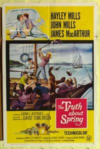 3f924 TRUTH ABOUT SPRING one-sheet poster '65 daughter Hayley Mills fights with father John Mills!