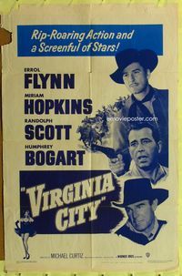 3f949 VIRGINIA CITY one-sheet R51 great images of Errol Flynn, Humphrey Bogart, & Randolph Scott!