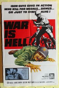 3f960 WAR IS HELL one-sheet movie poster '64 Tony Russell, Korean War, cool art of wounded soldier!
