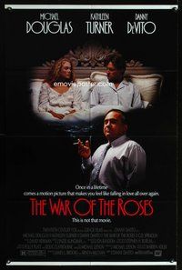 3f961 WAR OF THE ROSES one-sheet '89 smoking Danny DeVito, Michael Douglas & Kathleen Turner in bed!