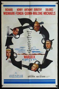 3f963 WARLOCK one-sheet poster '59 cowboys Henry Fonda & Richard Widmark, cool revolver design!