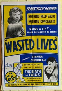 3f965 WASTED LIVES/BIRTH OF TWINS one-sheet movie poster '50s mystery double-bill!