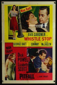 3f973 WHISTLE STOP/PITFALL one-sheet '50s crime double-bill, sexy Ava Gardner & Lizabeth Scott!