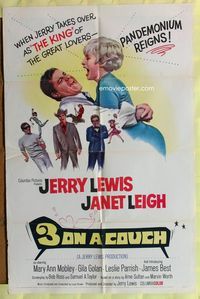 3g006 3 ON A COUCH one-sheet '66 great image of screwy Jerry Lewis squeezing sexy Janet Leigh!