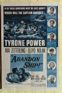 3g011 ABANDON SHIP one-sheet '57 Tyrone Power & 25 survivors in a lifeboat which can hold only 12!