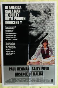 3g012 ABSENCE OF MALICE one-sheet poster '81 Paul Newman, Sally Field, Sydney Pollack, cool design!