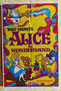 3g021 ALICE IN WONDERLAND one-sheet poster R74 Walt Disney, really cool psychedelic cartoon art!