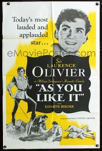 3g043 AS YOU LIKE IT one-sheet movie poster R49 most lauded and applauded Sir Laurence Olivier!