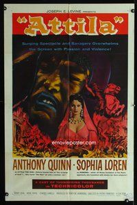 3g048 ATTILA one-sheet movie poster R62 Anthony Quinn as The Hun, sexy Sophia Loren in dress!