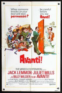 3g053 AVANTI one-sheet movie poster '72 Jack Lemmon, Billy Wilder, Juliet Mills, wacky Kossin art!