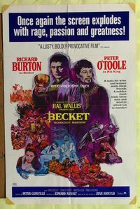 3g076 BECKET one-sheet poster R67 great Kossin art of Richard Burton & Peter O'Toole, battle scenes!