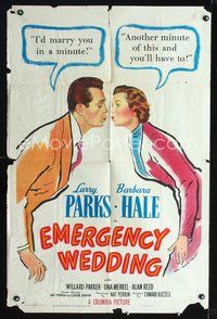 3g246 EMERGENCY WEDDING one-sheet movie poster '50 Larry Parks would marry Barbara Hale in a minute!