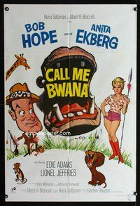 3g156 CALL ME BWANA English one-sheet poster '63 wacky artwork of Bob Hope & sexy Anita Ekberg!