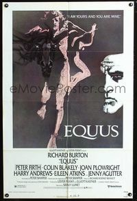 3g251 EQUUS one-sheet movie poster '77 Richard Burton, Peter Firth, really cool artwork by Bob Peak!