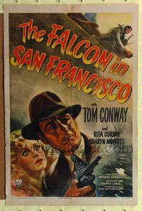 3g261 FALCON IN SAN FRANCISCO one-sheet '45 cool artwork of detective Tom Conway with smoking gun!