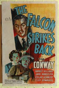 3g262 FALCON STRIKES BACK one-sheet '43 cool art of Tom Conway as The Falcon + Randolph & Edwards!