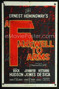 3g263 FAREWELL TO ARMS one-sheet movie poster '58 Rock Hudson, Jennifer Jones, Ernest Hemingway