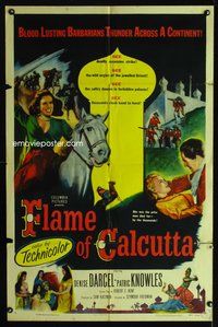 3g281 FLAME OF CALCUTTA 1sheet '53 art of horseback Denise Darcel w/sword, deadly assassins strike!