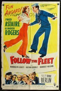 3g286 FOLLOW THE FLEET one-sheet poster R53 cool art of Fred Astaire & Ginger Rogers, Fun Aboard!