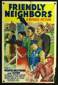 3g300 FRIENDLY NEIGHBORS one-sheet poster '40 The Weaver Brothers & Elviry, cool hillbilly art!