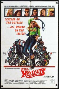 3g353 HELLCATS one-sheet '68 wild art of female biker who is leather on the outside but all woman!