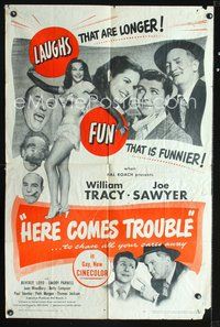 3g356 HERE COMES TROUBLE one-sheet movie poster '48 sexy Beverly Loyd in gay, new Cinecolor!