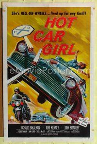 3g001 HOT CAR GIRL one-sheet '58 she's Hell-on-wheels, fired up for any thrill, classic image!