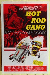 3g002 HOT ROD GANG 1sh '58 fast cars, crazy kids, classic art of teens in dragsters & dancing girl!