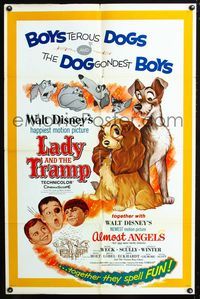 3g440 LADY & THE TRAMP/ALMOST ANGELS one-sheet poster '62 Walt Disney double-bill w/cool canine art!