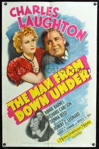3g481 MAN FROM DOWN UNDER one-sheet '43 Charles Laughton, Binnie Barnes, Donna Reed, cool art!