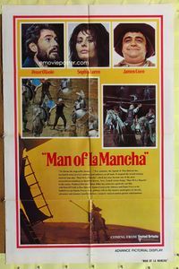3g483 MAN OF LA MANCHA advance one-sheet poster '72 Peter O'Toole, Sophia Loren, cool cast images!