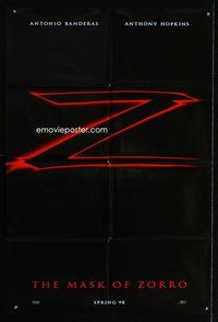 3g493 MASK OF ZORRO teaser one-sheet '98 Antonio Banderas, Anthony Hopkins, cool title design!