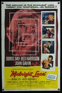 3g513 MIDNIGHT LACE 1sheet '60 fear possessed Doris Day as love once had, Rex Harrison, John Gavin