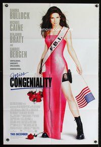3g520 MISS CONGENIALITY advance one-sheet '00 wacky image of sexy Sandra Bullock in dress w/pistol!