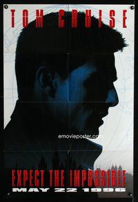 3g524 MISSION IMPOSSIBLE advance one-sheet '96 cool shadowy profile of secret agent Tom Cruise!