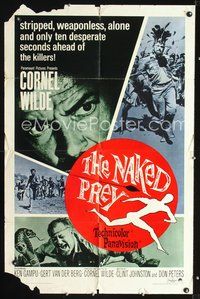 3g562 NAKED PREY one-sheet '65 Cornel Wilde stripped and weaponless in Africa running from killers!